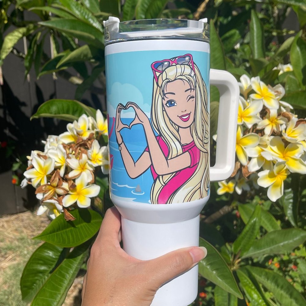 Barbie Girl LETS GO PARTY Movie Pink Tumbler 40 oz tumbler with hand carry handl